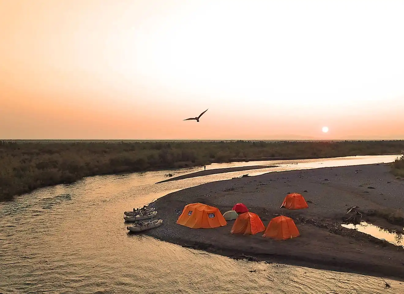 Morning light filtering over a Southwest Alaska river camp