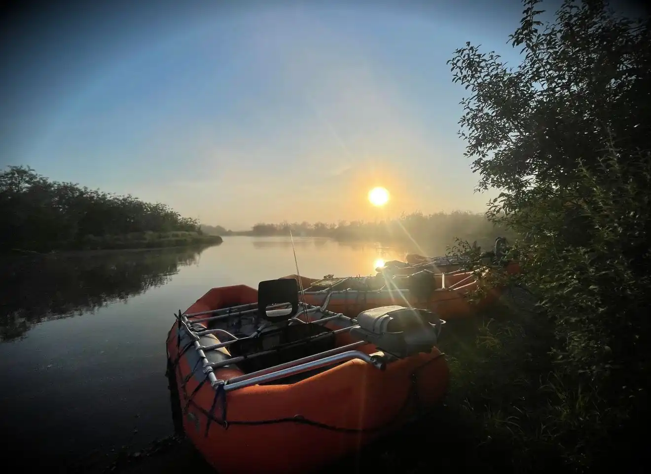Long golden evening light on a Southwest Alaska river camp